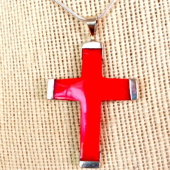 🔥Sterling Silver Red Coral Cross Necklace 18 Inches ~ Handmade - Picture 3 of 5